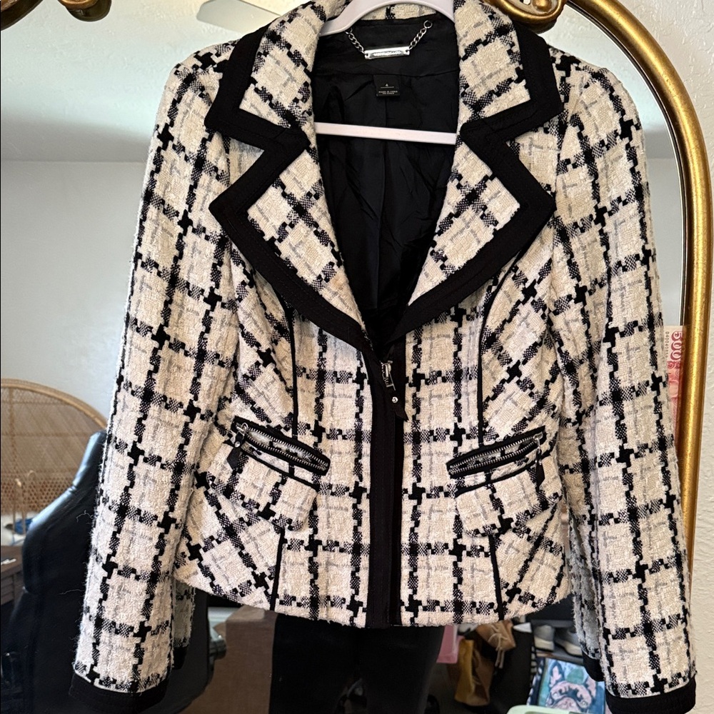 White House Black Market Black and Cream Plaid Blazer